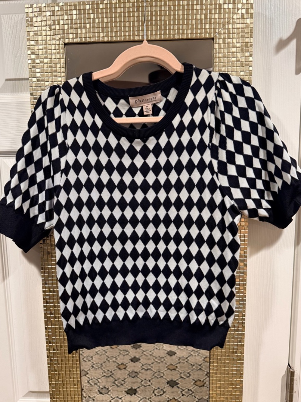 Philosophy Black & White Diamond Puff-Sleeve Knit Top